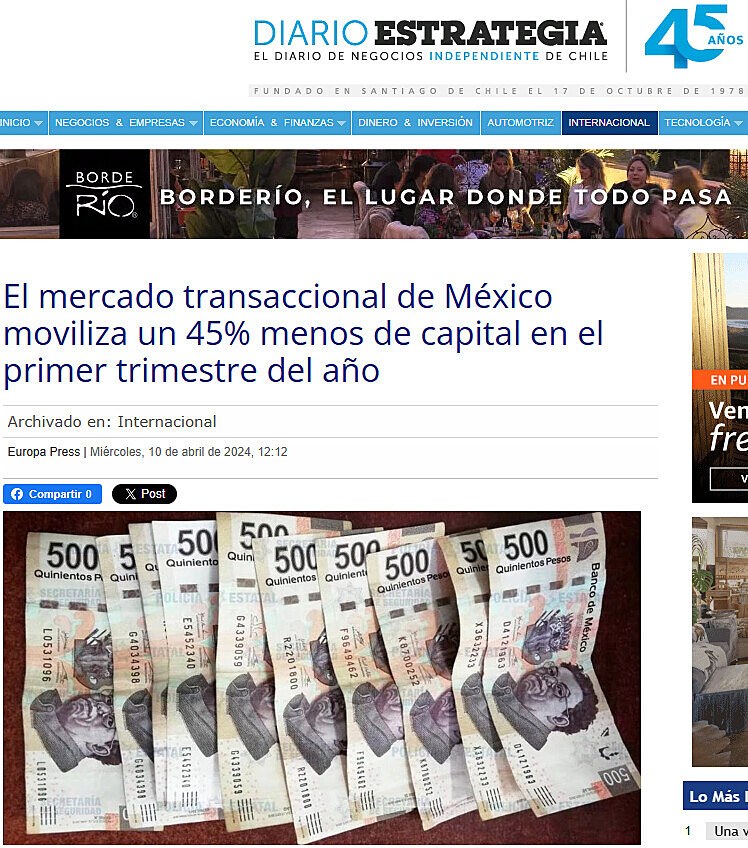 El mercado transaccional de Mxico moviliza un 45% menos de capital en el primer trimestre del ao